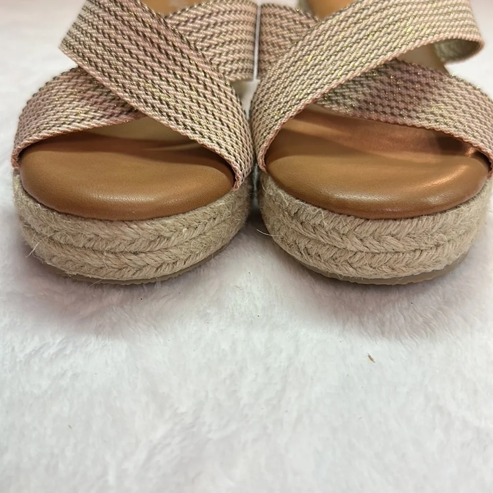 NorthStyle Wedge Block 2” Wedge Espadrille Peach/Shimmer Gold Stitching Size 39